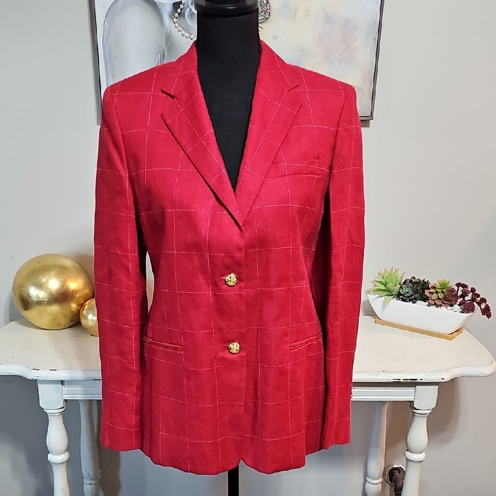 Ralph Lauren Red Windowpane Blazer 100% Linen